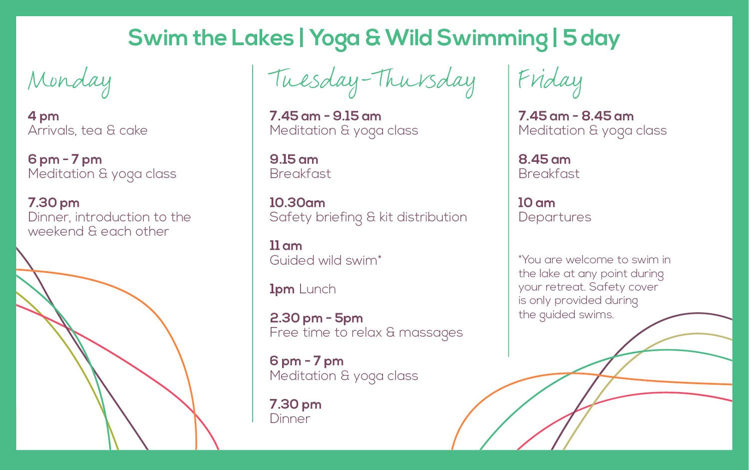 itinerary for Swim the Lakes 4 day retreat